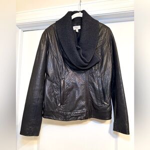 Like New VAKKO Black Leather with Cashmere Cowl Neck Bomber Jacket Size L